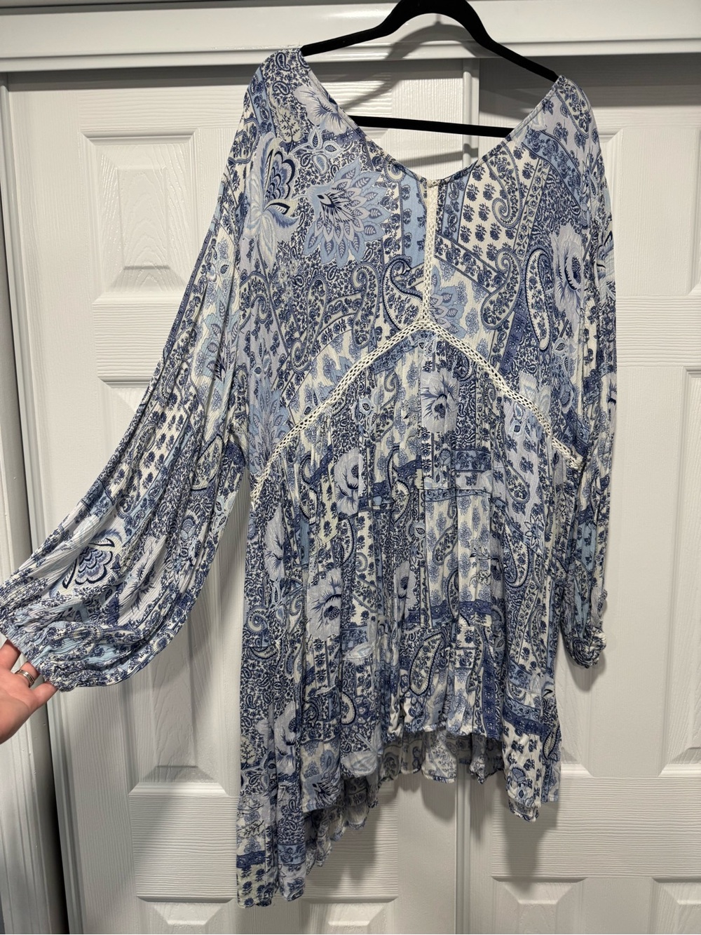 Blue Paisley Boho Tunic with Lace Trim